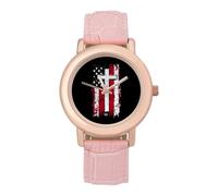 God Bless American U.S. Flag Cross Women's Wrist Watch Fashion Wristwatches with Pink Strap Gifts for Women Mother Wife Birthday