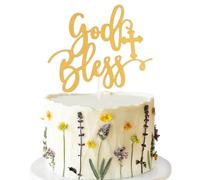 God Bless and Cross Cake Topper - Golden Glitter First Communion Cake Decoration for Christening Religious Baptism Baby Shower Party Cake Decorations