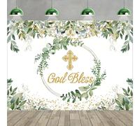 God Bless Backdrop 8x6FT First Communion Baptism Party Background for Kids Green Eucalyptus Leaves Boy Girls Newborn Baby Shower Banner Decorations Supplies