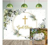 God Bless Backdrop 8X6FT Greenery Holy Communion Baptism Backdrop Green and Gold Eucalyptus Green Leaves Baby Shower Party Decor Background