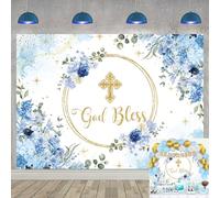 God Bless Backdrop Blue Baptism Party Background First Holy Communion Christening Banner Newborn Baby Shower Decorations Photo Props Background (8X6FT (240x180cm))