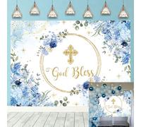 God Bless Backdrop Blue Baptism Party Background First Holy Communion Christening Banner Newborn Baby Shower Decorations Photo Props Background (7X5FT (210x150cm))