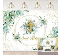 God Bless Backdrop First Holy Communion Background Baptism party Banner Eucalyptus Leaves Christening Party Decorations Newborn Baby Shower Photo Booth Props (8x6FT)
