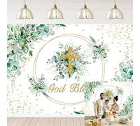 God Bless Backdrop First Holy Communion Background Baptism party Banner Eucalyptus Leaves Christening Party Decorations Newborn Baby Shower Photo Booth Props (7x5FT)