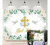 God Bless Backdrop First Holy Communion Baptism Photography Backdrop Green and Gold Eucalyptus Leaves White Floral Banner Newborn Baby Shower Party Decor Photo Booth Props (7X5FT)