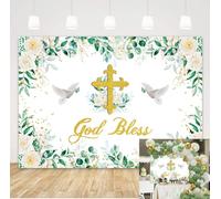 God Bless Backdrop First Holy Communion Baptism Photography Backdrop Green and Gold Eucalyptus Leaves White Floral Banner Newborn Baby Shower Party Decor Photo Booth Props (8x6FT)