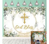 God Bless Backdrop Green and Gold First Holy Communion Christening Party Backgrounds for Boy Girls Newborn Baby Shower Photography Background (7X5FT (210x150cm))