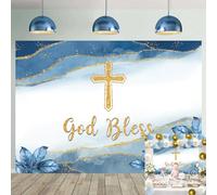 God Bless Baptism Backdrop First Holy Communion Baptism Background Blue Baby Shower Party Decorations Christening Banner Photoshoot Props (7x5FT（210x150cm）)