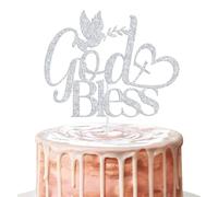 God Bless Cake Topper, First Communion Cake Decor, Baby Shower/Baptism/Christening Party Decorations, Religious Bridal Shower/Wedding Party Decoration Silver Glitter