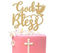 God Bless Cake Topper, First Holy Communion, Cross Dove Confirmation, Religious Baptism First Birthday Christening Baby Shower Party Decorations Supplies, Gold Glitter