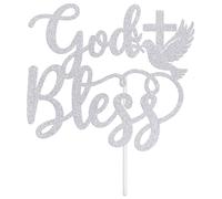 God Bless Cake Topper, First Holy Communion, Cross Dove Confirmation, Religious Baptism First Birthday Christening Baby Shower Party Decorations Supplies, Silver Glitter