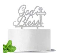God Bless Cake Topper for Baptism Christening Dedication or First Communion Baby Shower Decorations Supplies, Silver Glitter Acrylic