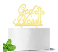 God Bless Cake Topper for Baptism Christening Dedication or First Communion Baby Shower Decorations Supplies, Mirror Gold Acrylic