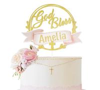 God Bless Cake Topper Glitter Paper Cross Baptism Gold Cake Pick Religious Personalized DIY Name With Ribbon Alphabet Letter Number Stickers Cake Decorations for Christening Baby Shower Party Supplies