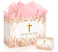 God Bless Cross Gift Bag Large Boho Floral Baptisms Gift Bag with Tissue Paper Card Religious Christenings Decorations for Girls Christian Baby Shower Birthday First Communion Confirmation Supplies