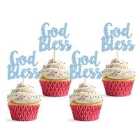 God Bless Cupcake Topper - 24pcs Glitter Sky Blue Baptism Party Cupcake Picks, Baby Shower Christian First Communion Cupcake Decor (Sky Blue)