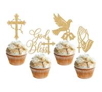 God Bless Cupcake Toppers, First Holy Communion Decorations, Christian Dove Cross Cupcake Picks, Religious Baptism Christening Baby Shower 1st Birthday Party Decorations Gold 20pcs