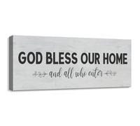 God Bless Our Home And All Who Enter Wall Signs Farmhouse Inspiring Christian Wall Decor Black Words Prints on Grey Background Canvas Artwork Spiritual Decorative Plaque Sign 12x36 Housewarming Gift