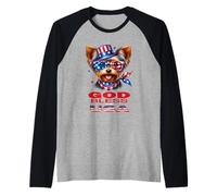 God Bless The USA Funny Patriotic Cute Dog in Hat & Flag Raglan Baseball Tee