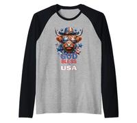 God Bless The USA Funny Patriotic Highlander Cow & Flag Raglan Baseball Tee