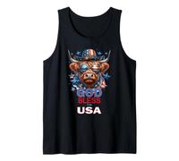 God Bless The USA Funny Patriotic Highlander Cow & Flag Tank Top