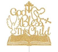God Bless this Child Cake Topper, First Holy Communion Decorations, Mi Primera Comunion Decor, Christening Decoration for Baby, Mi Bautizo My Baptism Decor Gold Glitter