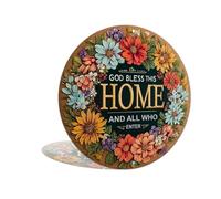 God Bless This Home and All Who Enter Round Wreath Decor for Home Bedroom Living Room Door Garden Welcome Porch Door Decoration 8x8 Inch Aluminum Metal Tin Sign (25149)