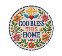 God Bless This Home Signage Floral Cross Blue Metal Tin Sign