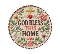 God Bless This Home Signage Floral Cross Cream Metal Tin Sign