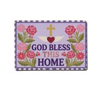 God Bless This Home Signage Floral Cross Purple Rose Metal Tin Sign