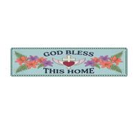 God Bless This Home Signage Floral Cross Teal Lily Metal Tin Sign