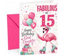 God Daughter 15th Birthday Card Flamingo on Roller Skates | Large A5 Card with Printed Inside Message; Bright pink-and-teal flamingo on roller skates for God Daughter 15th Birthday