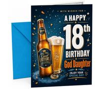 God Daughter 18th Birthday Card Beer Bottle & Pint Glass | Large A5 Card with Printed Inside Message; Dark blue confetti-and-stars with a beer bottle for God Daughter 18th Birthday