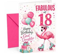 God Daughter 18th Birthday Card Flamingo on Roller Skates | Large A5 Card with Printed Inside Message; Playful pink flamingo on roller skates for God Daughter 18th Birthday