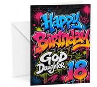God Daughter 18th Birthday Card Graffiti Paint Splatter | Large A5 Card with Printed Inside Message; Vibrant graffiti “Happy Birthday” for God Daughter 18th Birthday