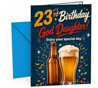 God Daughter 23rd Birthday Card Beer Bottle and Pint Confetti | Large A5 Card with Printed Inside Message; Dark blue beer bottle and frothy pint with confetti for God Daughter 23rd Birthday