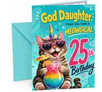 God Daughter 25th Birthday Card Meowgical Unicorn Cat Cocktail | Large A5 Card with Printed Inside Message; Colourful unicorn cat with heart-shaped sunglasses for God Daughter 25th Birthday