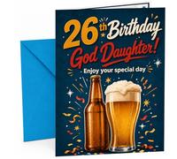 God Daughter 26th Birthday Card Beer Bottle and Pint Confetti | Large A5 Card with Printed Inside Message; Navy blue beer bottle and pint glass with confetti for God Daughter 26th Birthday