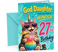 God Daughter 27th Birthday Card Meowgical Unicorn Cat Cocktail | Large A5 Card with Printed Inside Message; Teal confetti for God Daughter 27th Birthday