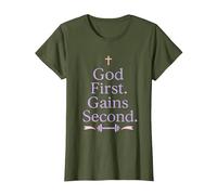 God First. Gains Second. Christian Girl Gym Workout T-Shirt, Women, Olive Green, Small