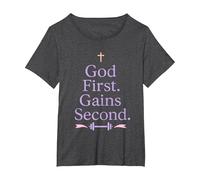 God First. Gains Second. Christian Girl Gym Workout T-Shirt, Women's Plus, Dark Heather Grey, 4X