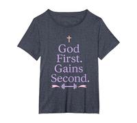 God First. Gains Second. Christian Girl Gym Workout T-Shirt, Women's Plus, Heather Blue, 6X