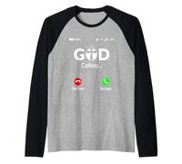 God is Calling Phone Screen Religious Humor Christian Raglan Baseball Tee