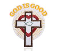 God is Good Patch, Christian Cross with Heart and Ichthys Symbol Embroidered Iron On and Sew On Patch for Bible Cover Backpack Hoodie Hat Jacket, Faith-Based Inspirational Gift for Believers, Church