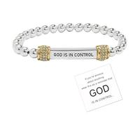 God Is in Control Bracelet For Women, Dainty Diamond Beaded Stretch Bracelet Religious Inspirational Bible Verse Engraved Stainless Steel Tube Christian Faith Self Worth Motivational Jewelry Gifts