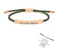God is in Control Bracelet for Women, Stainless Steel Engraving Letter Inspirational Bracelet, Adjustable Stainless Steel Gifts Jewelry (ROSE GOLDEN,Green rope)