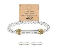 God Is In Control Bracelet, Motivational Stainless Steel Engraving Tube Bracelets, Dainty Beaded Stretch Bracelet, Inspirational Memorial Gifts for Loved One for Women Men (Gold)