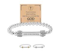 God Is In Control Bracelet, Motivational Stainless Steel Engraving Tube Bracelets, Dainty Beaded Stretch Bracelet, Inspirational Memorial Gifts for Loved One for Women Men (Silver)