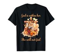 God is Within Her She Will Not Fail Lioness Cross Floral T-Shirt