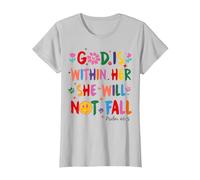 God is Within Her She Will Not Fall Coquette Christian Bible T-Shirt, Women, Silver Grey, Large